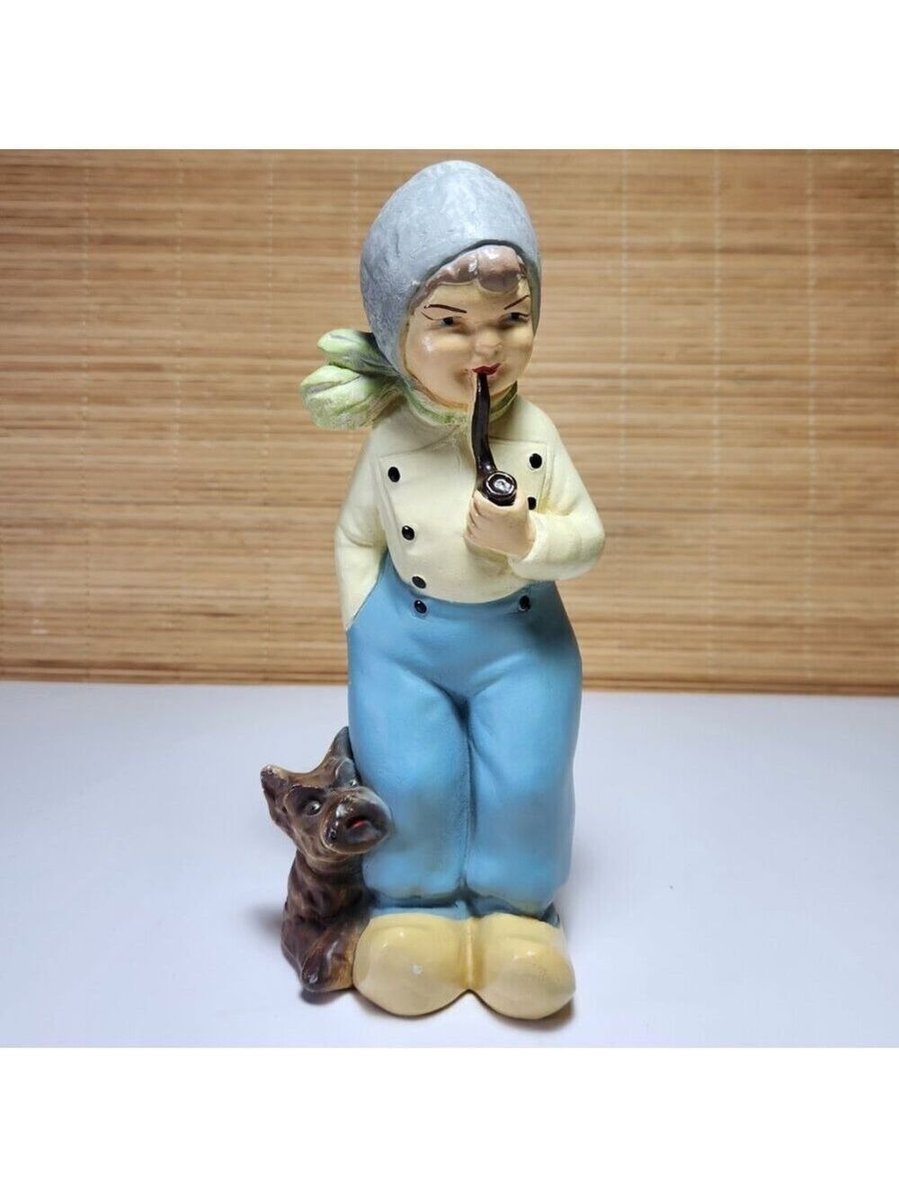 Dutch Boy Figurine with Dog Chalkware Rare 9” Tall Home Decor Vintage 60s